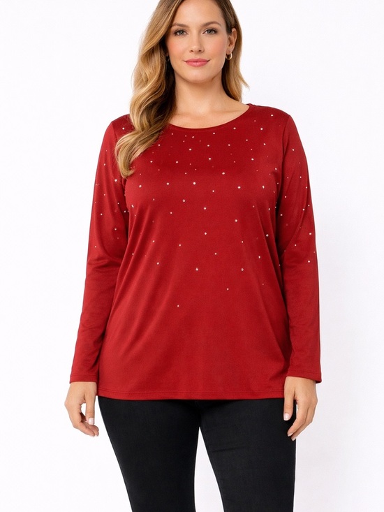 Joan Rivers Tops - Joan Rivers Red Rhinestone Studded Top 2X Women Long Sleeve Stretch Blouse